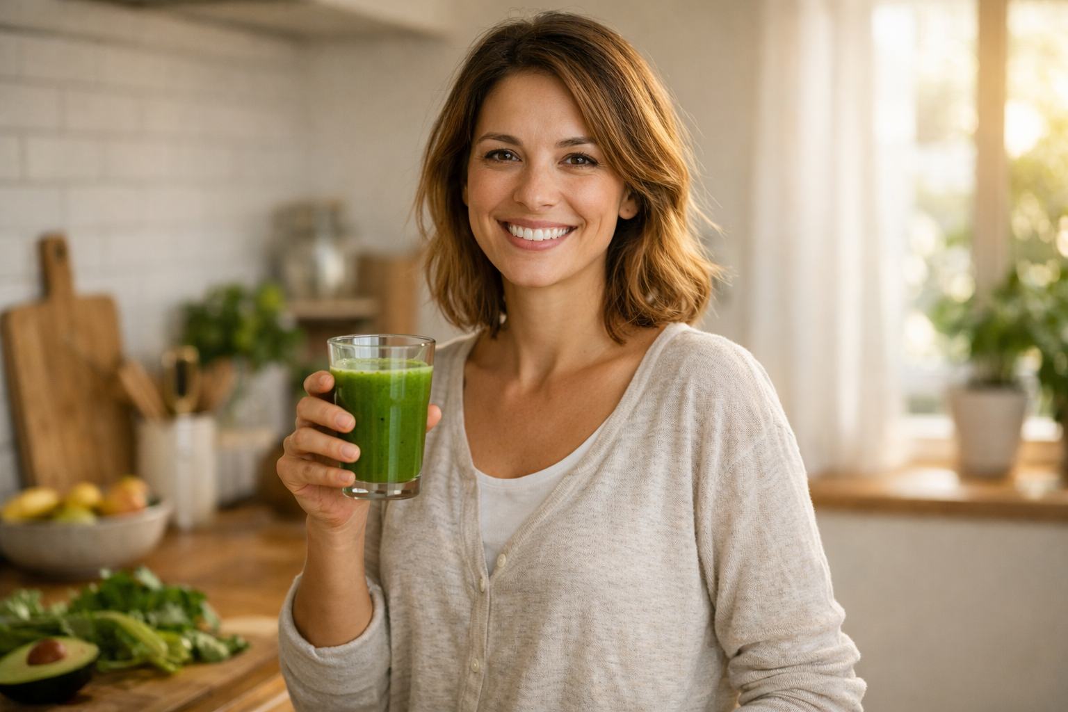 Femeie cu smoothie verde proaspăt în bucătărie luminoasă