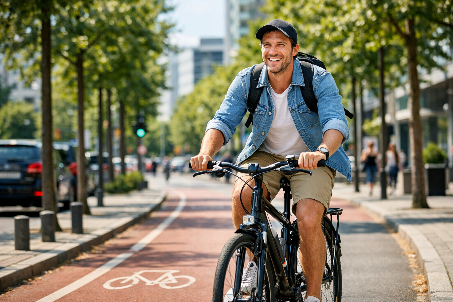 Bărbat pedalând energic pe o pistă de biciclete din oraș
