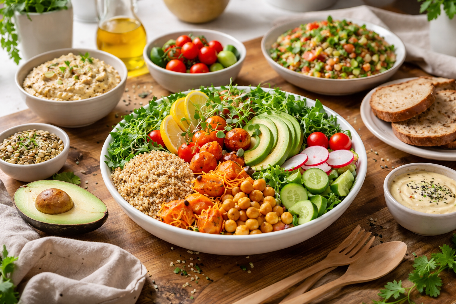 Masă sănătoasă colorată cu salată, cereale și legume pe o masă de lemn